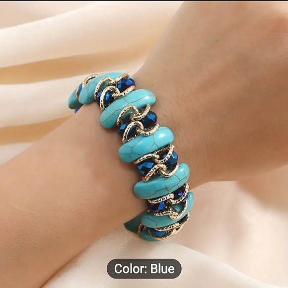 Boho Style Crystal/Turquoise Stretch Bangle Bracelet, NWT - Picture 2 of 3